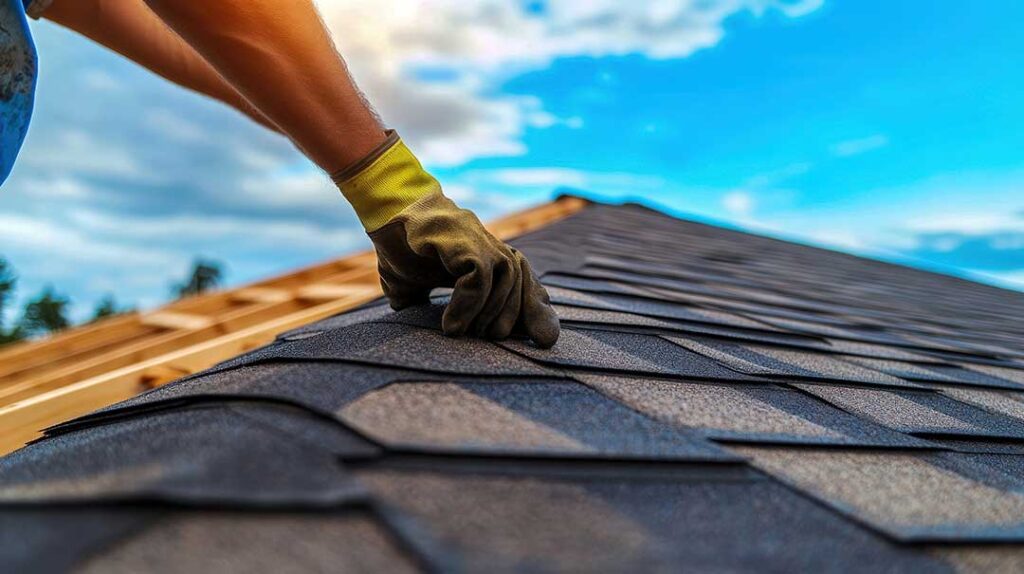 Closeup of curling and cracked asphalt shingles on a residential roof under natural daylight.