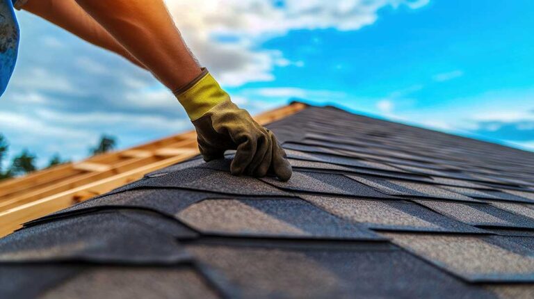 Closeup of curling and cracked asphalt shingles on a residential roof under natural daylight.