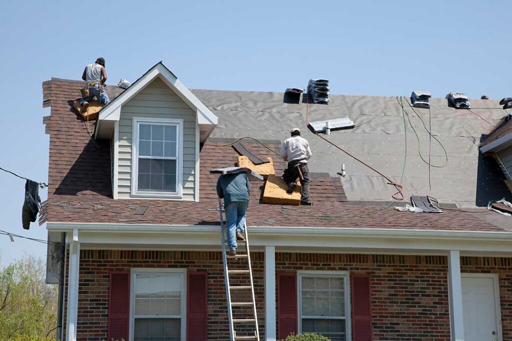 Homeowner placing a bucket beneath a ceiling leak while examining a damp ceiling stain.