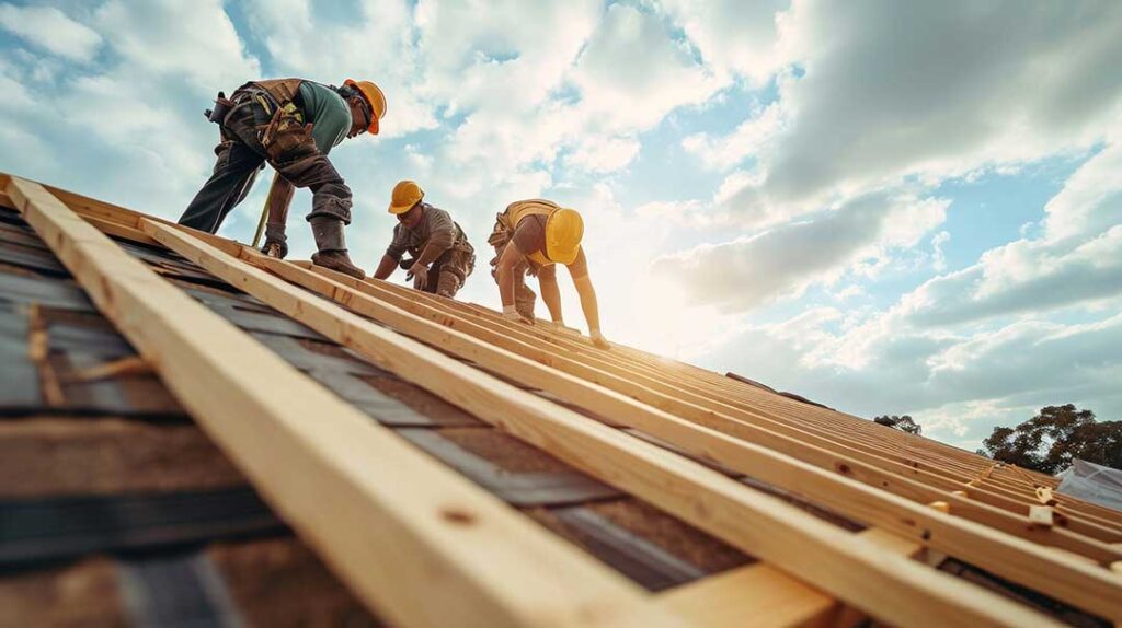 Roofing workers inspect exposed wood decking beside removed shingles on a residential roof.