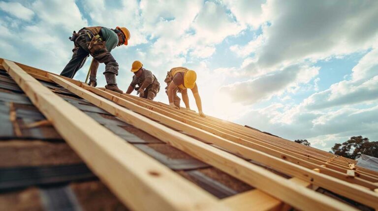 Roofing workers inspect exposed wood decking beside removed shingles on a residential roof.