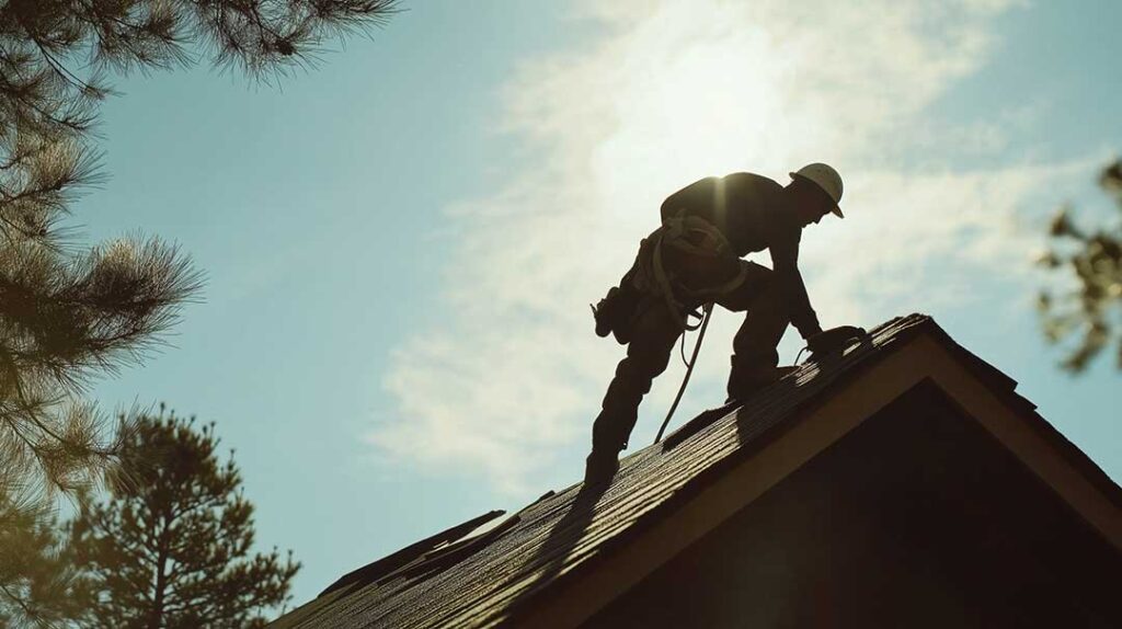 Homeowner examining a damp attic ceiling beneath roof framing and stained insulation.